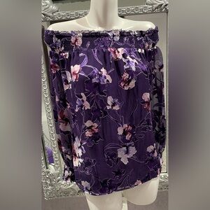 White House Black Market Off-Shoulder Purple Silk Blend Floral Top Blouse